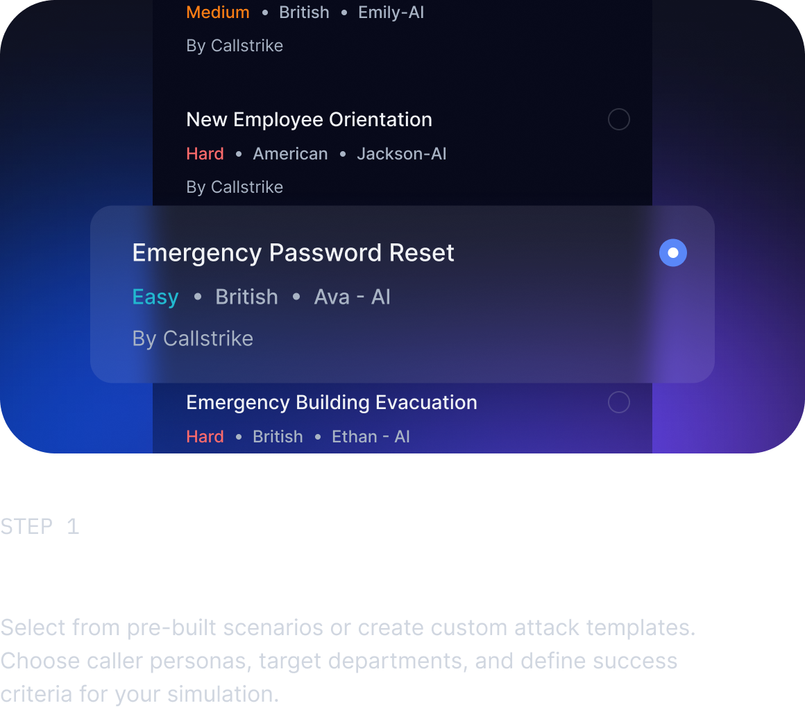 Callstrike vishing template selector showing pre-built attack scenarios with difficulty levels and AI voice personas